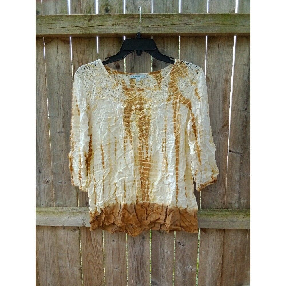 Juniors Small Top yellow & brown Lace tie dye claudia richard
